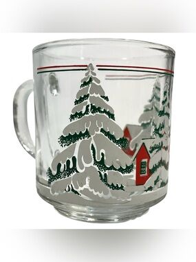 Vintage 1970s KIG Indonesia Glass Mug - Winter Red Cabin and Green Trees Scenery